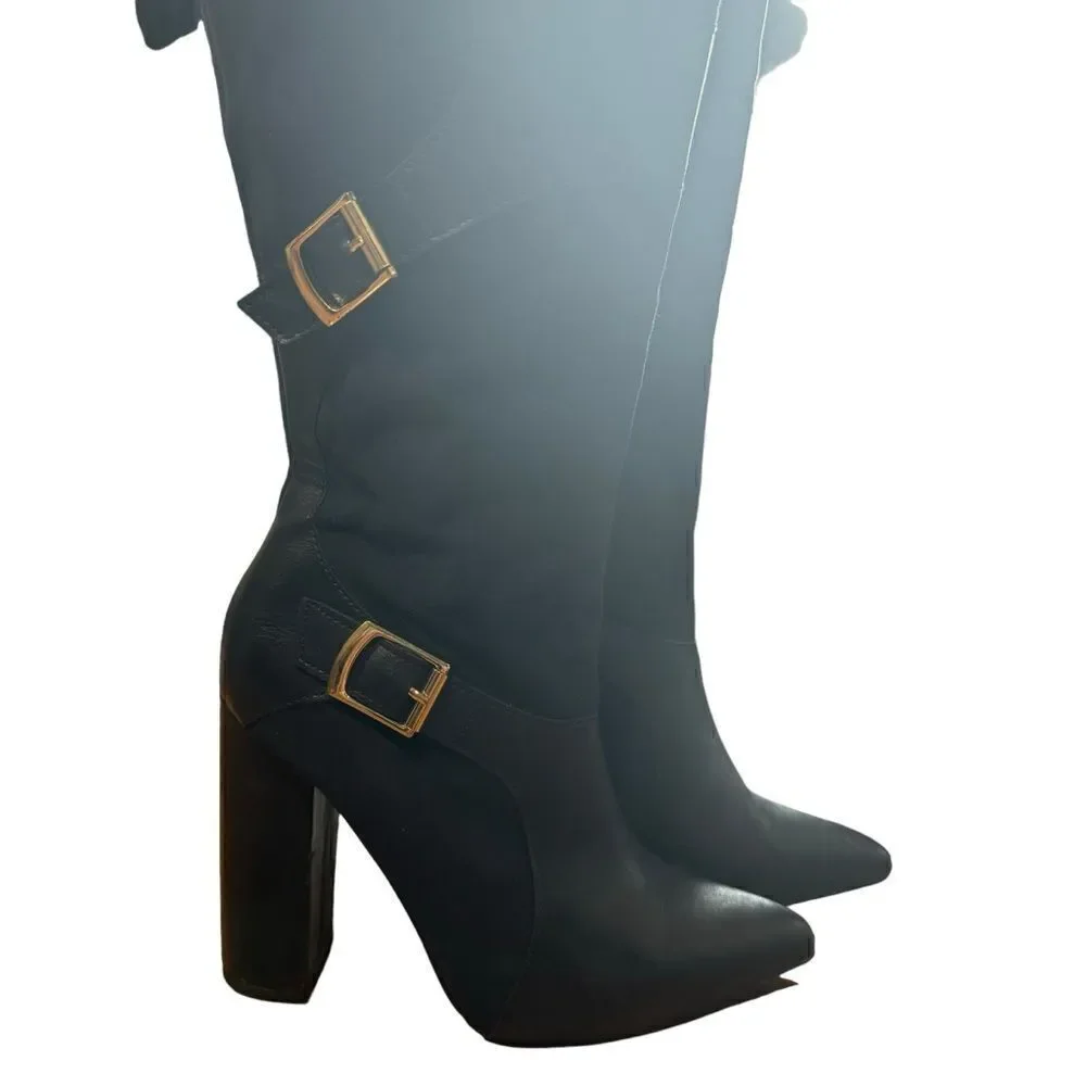 JUSTFAB Yelda Navy Blue Gold Buckle Knee High Heeled Pointed Toe Boots